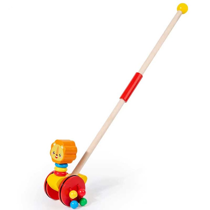 Jucarie de Impins din Lemn pentru Copii, Regele Leu, Dotata cu 2 Roti, 51 x 12.3 x 8.5 cm, bebeLOGIC™