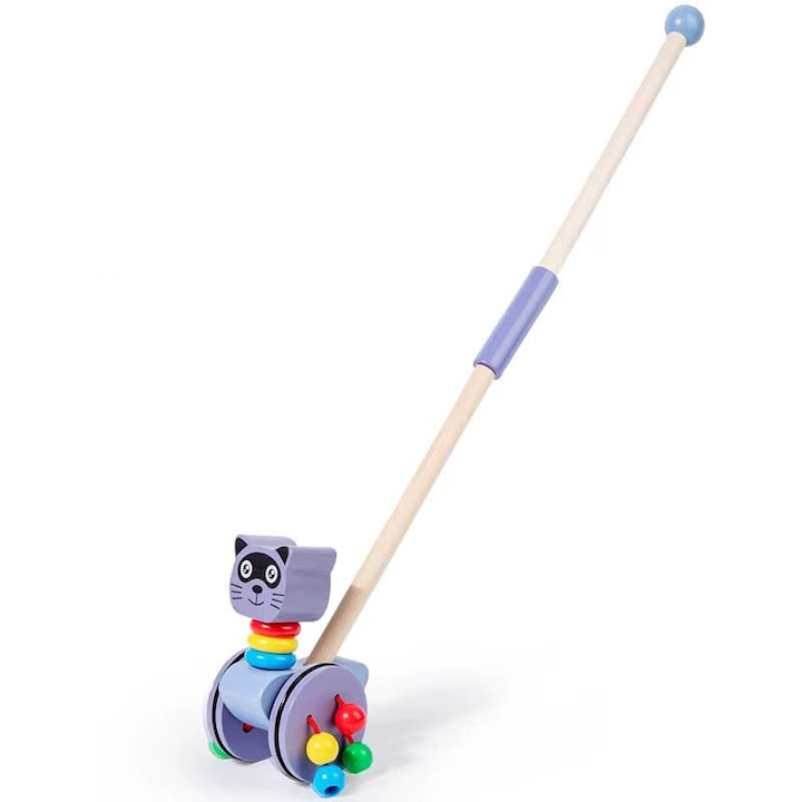 Jucarie de Impins din Lemn pentru Copii, Hello Kitty, Dotata cu 2 Roti, 51 x 12.3 x 8.5 cm, bebeLOGIC™