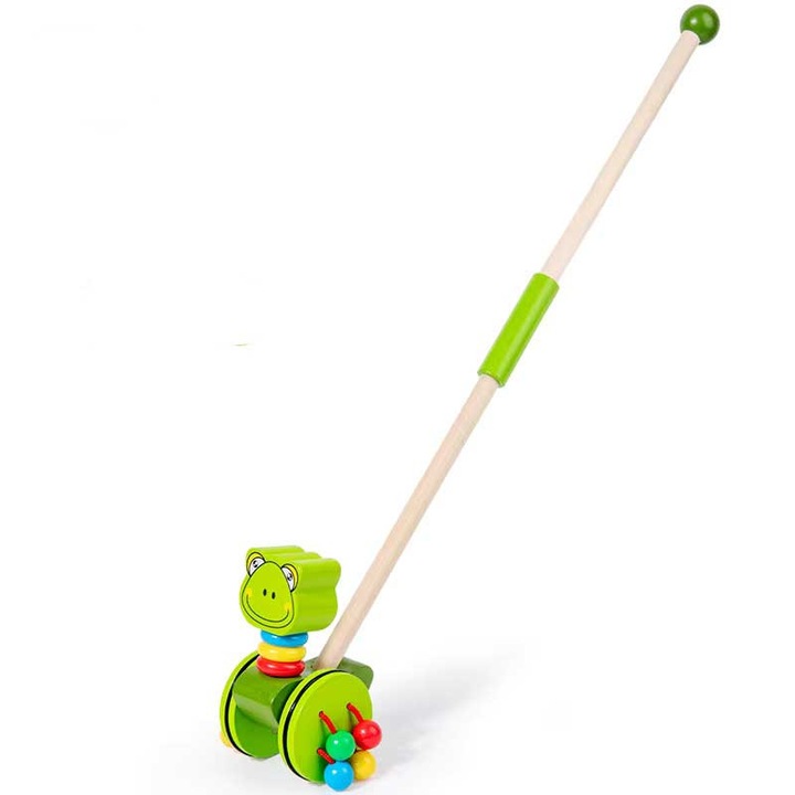 Jucarie de Impins din Lemn pentru Copii, Broscuta Oac Oac, Dotata cu 2 Roti, 51 x 12.3 x 8.5 cm, bebeLOGIC™
