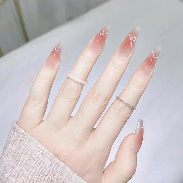 Set 24 unghii false roz pal cu linie alba, lungi, pentru femei