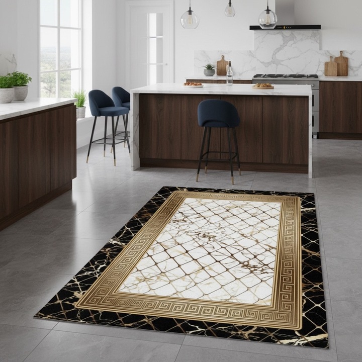 Covor mocheta antiderapant Patru Anotimpuri, 3D, negru/crem închis/auriu, 60x110cm