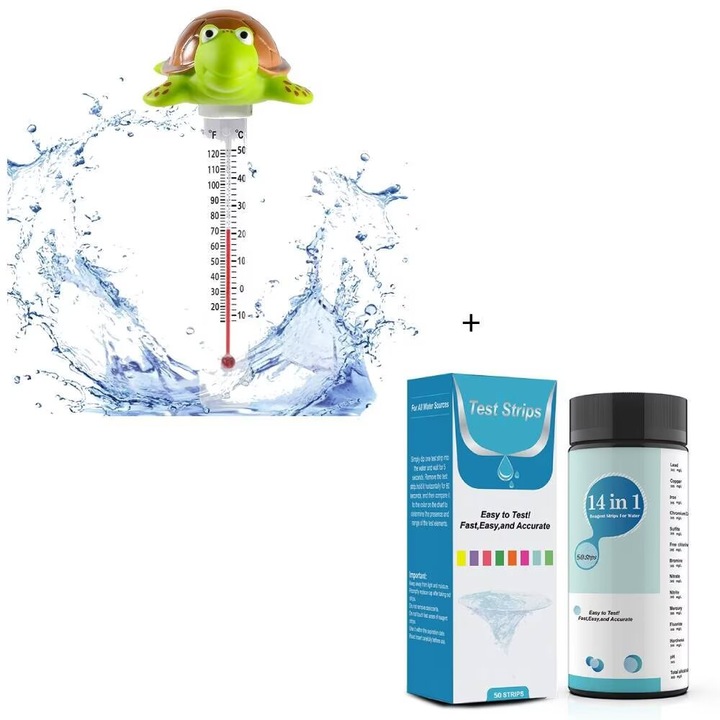 Плаващ термометър за басейн, голям размер, лесно отчитане, температурен диапазон 20-120 F, с връв, комплект от 50 тест ленти за pH на питейна вода
