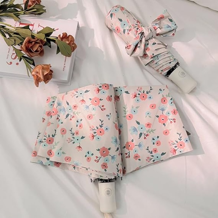 Umbrela compacta de calatorie, automata, usoara, rezistenta la vant, cu imprimeu floral colorat, pentru adulti, portabila pentru rucsac