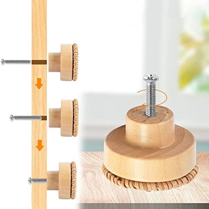 Комплект от 6 дръжки от ратан за мебели, кръгли дървени дръжки, бохемски стил, 40x30 мм, естествен цвят