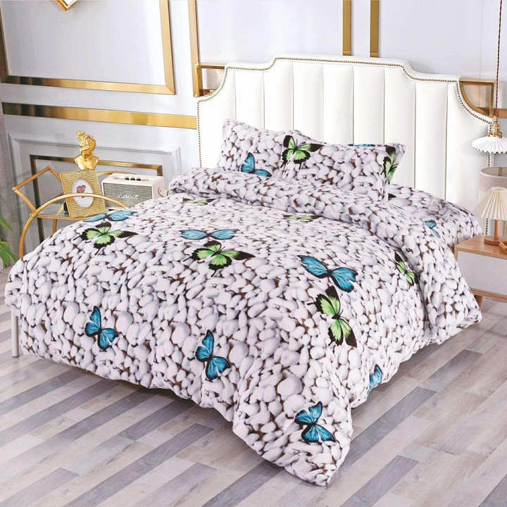 Lenjerie de pat, Cocolino, 2 persoane, 4 piese, gri, imprimeu pietre si fluturi, CCN4005