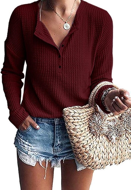 Bluza lejera pentru femei, pulover respirabil, decolteu V cu nasturi visinie M