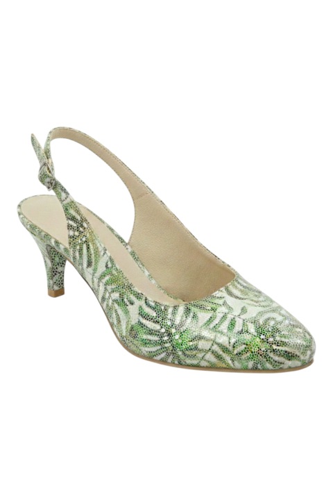 Sandale dama, SandAli, piele naturala, catarama, toc stilleto 6 cm, imprimeu frunze, verde