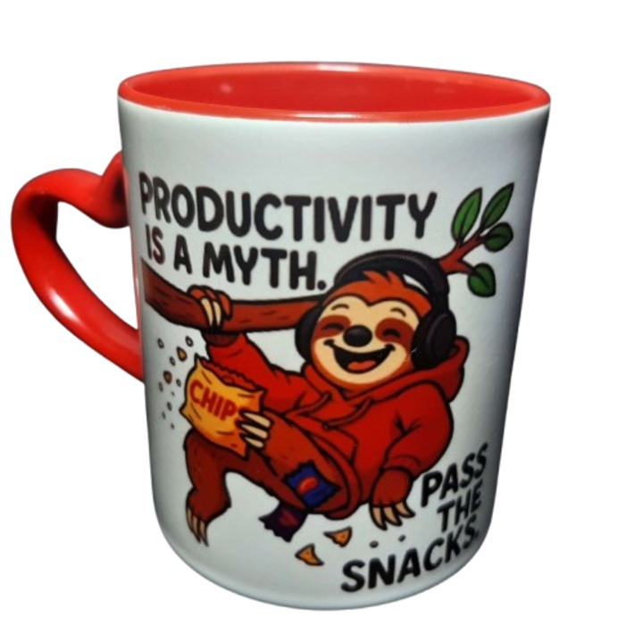 Cana ceramica cu model dublu, maner inima rosie, 350 ml, mesaje amuzante