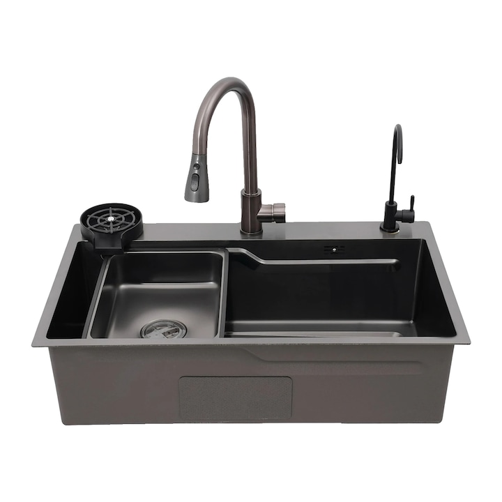 Chiuveta bucatarie, design cu un singur bol, robinet retractabil, neagra, otel inoxidabil
