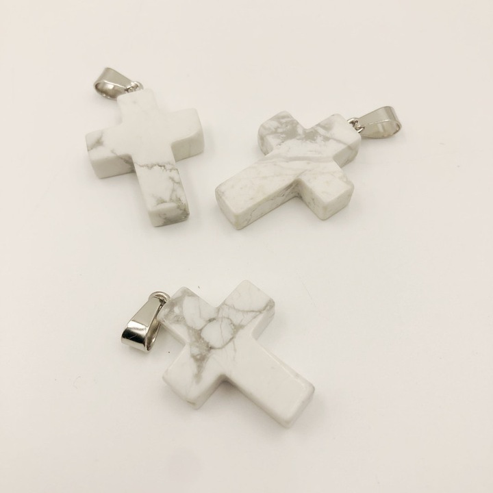 Pandantiv cruce, piatra naturala White Howlite, alb cu vene gri, 18x25mm