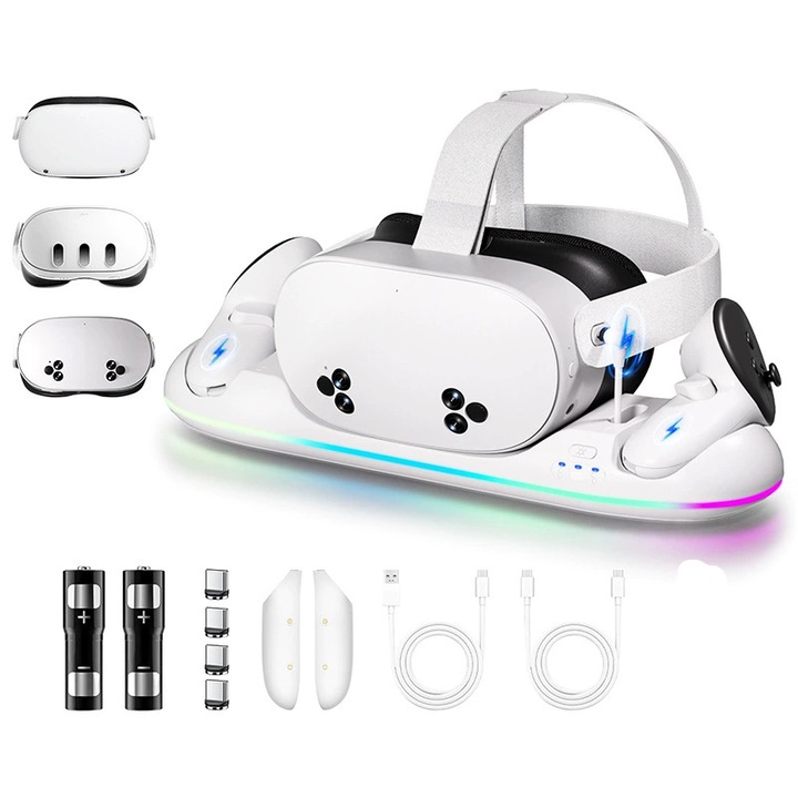 VR станция за зареждане, магнитен дизайн, съвместима с Quest 3/3S, с 2 презареждаеми батерии, LED индикатори