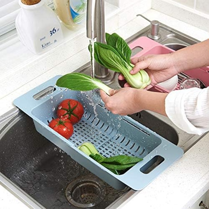 Сгъваема пластмасова цедка за плодове и зеленчуци, синя