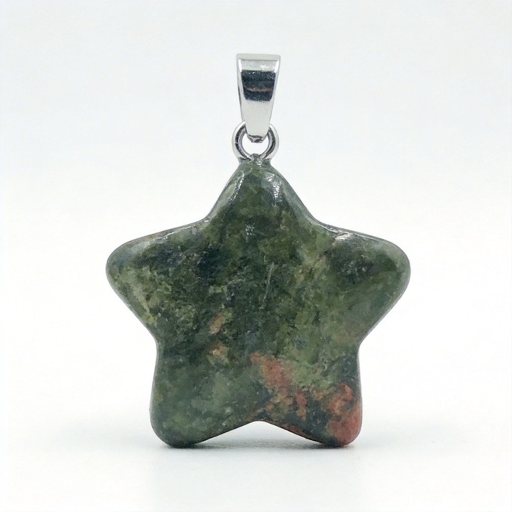 Pandantiv stea din piatra naturala Unakite, 20mm, verde cu roz, finisaj lucios, cu bail metalic