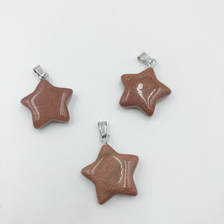 Pandantiv stea 20mm, piatra sticla maro roscat cu sclipici auriu, finisaj lustruit, cupru argintiu