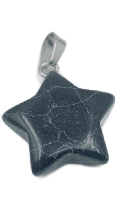 Pandantiv stea din Howlite Negru, 20mm, cu vene albe naturale