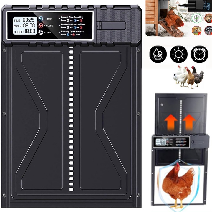 Usa automata pentru cotet de gaini, Usa automata cotet gaini, cu temporizator si mod manual, de gaini cu ecran LCD anti-blocare, rezistenta la intemperii, cu timp/mod manual, Siguranta pe primul loc, linistea sufleteasca.neagra, 36x27, 5cm