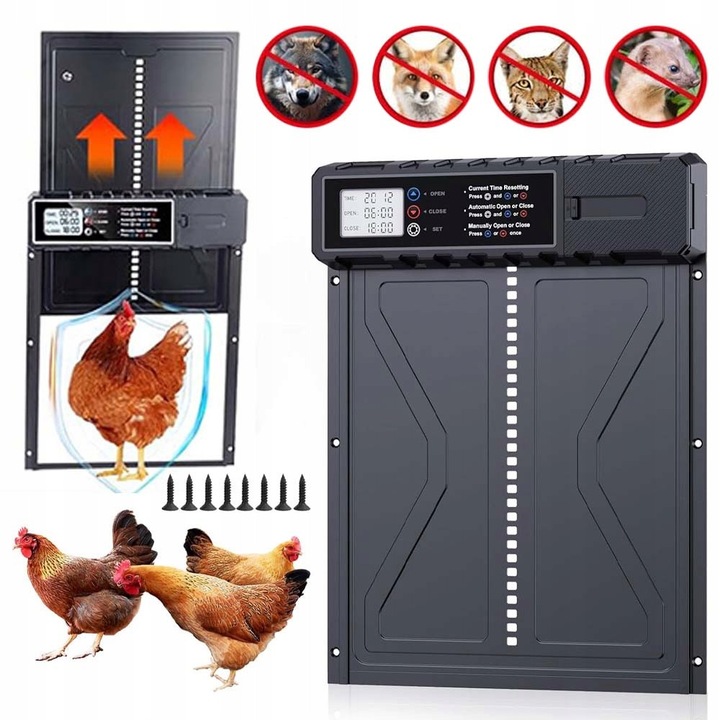 Автоматична врата за кокошарник, с таймер и ръчен режим, черна, 36x27,5 см