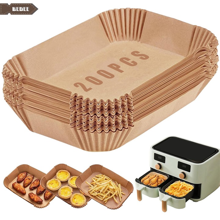 Set 200 bucati, Hartie de copt pentru Air Fryer 22 cm, Bedee, Hartie de copt Airfryer pentru zona duala, cu AF400EU 7.5-9.5L Ninja, Princess si alte friteuze cu zona duala, Patrata, Groasa, Antiaderenta