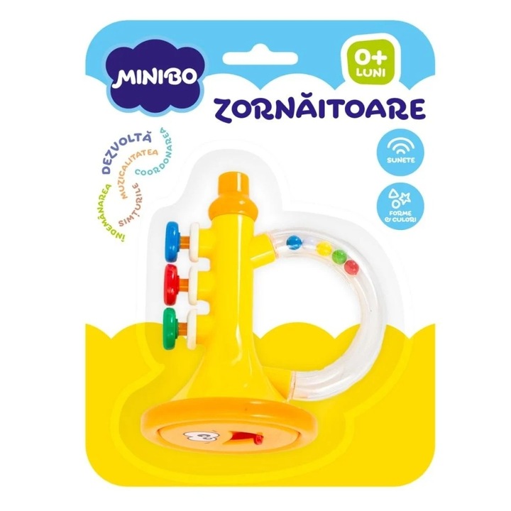 Minibo rágóka, csörgő trombita, többszínű, 20x1x15cm, 0-12 hónapos korig