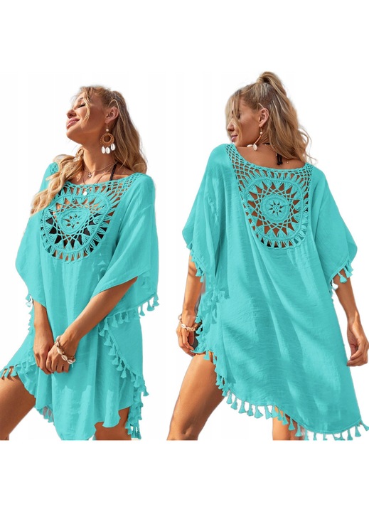 Tunica De Plaja Dama, SNM, Rochie Pareo Asimetrica Cu Broderie Si Franjuri, Stil Boho Din Sifon Vaporos, Ideala Peste Costumul De Baie Pentru Vacanta, Design Oversize, Marime Universal, Turcoaz