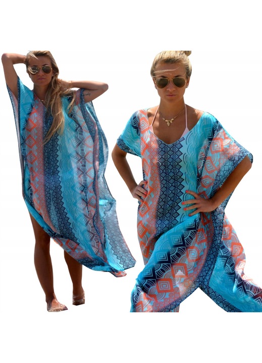 Pareo Plaja Boho, SNM, Tunica Lunga De Vara Din Sifon Transparent Cu Imprimeu Geometric, Rochie Plaja Oversize Tip Cape Fara Maneci, Material Usor Si Vaporos, Marime Universala, Ideala Pentru Vacanta Si Piscina, Multicolor