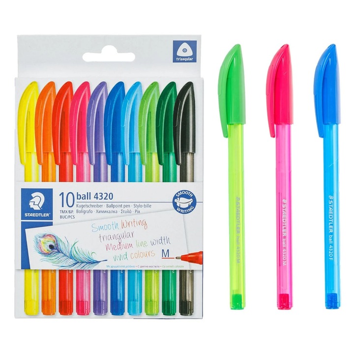 Set pixuri ballpen colorate Staedtler, 10 buc, triunghiular ergonomic, 1.0mm, diverse culori