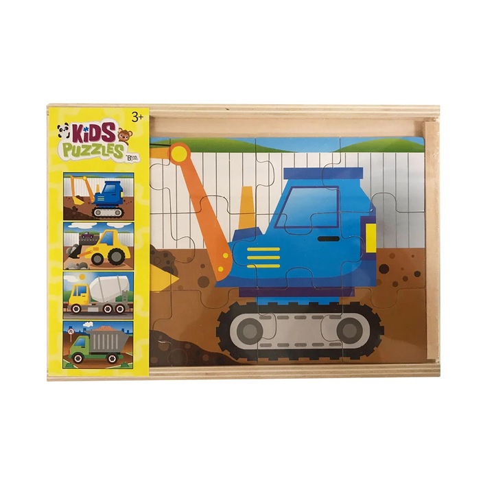 Fából készült puzzle szett, 4x12 darab, élénk színek, 3+ életkor