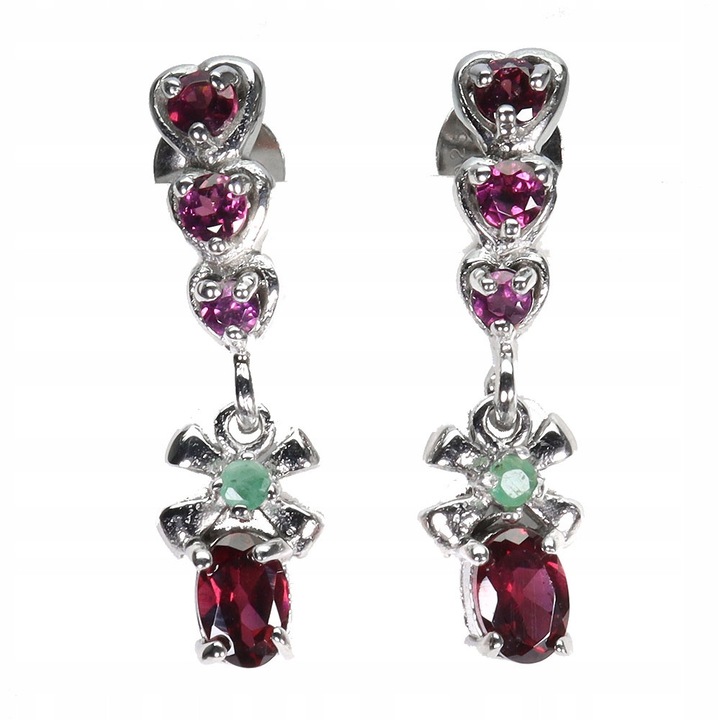 Cercei dama, Songea, argint, cu smaralde naturale si granate, 27x5mm