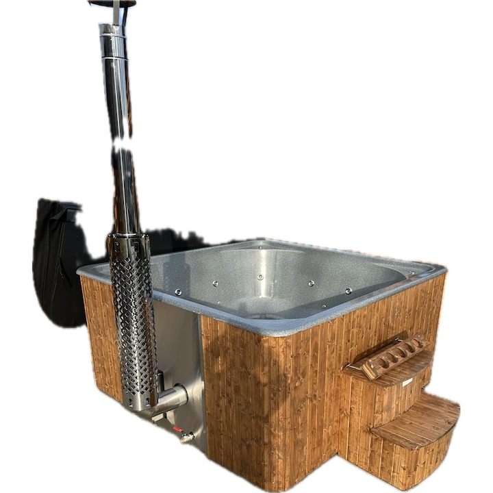 Ciubar Jacuzzi patrat din fibra de sticla, gri/albastru perlat, 220x220cm, 8-10 persoane, hidromasaj, iluminare LED RGB