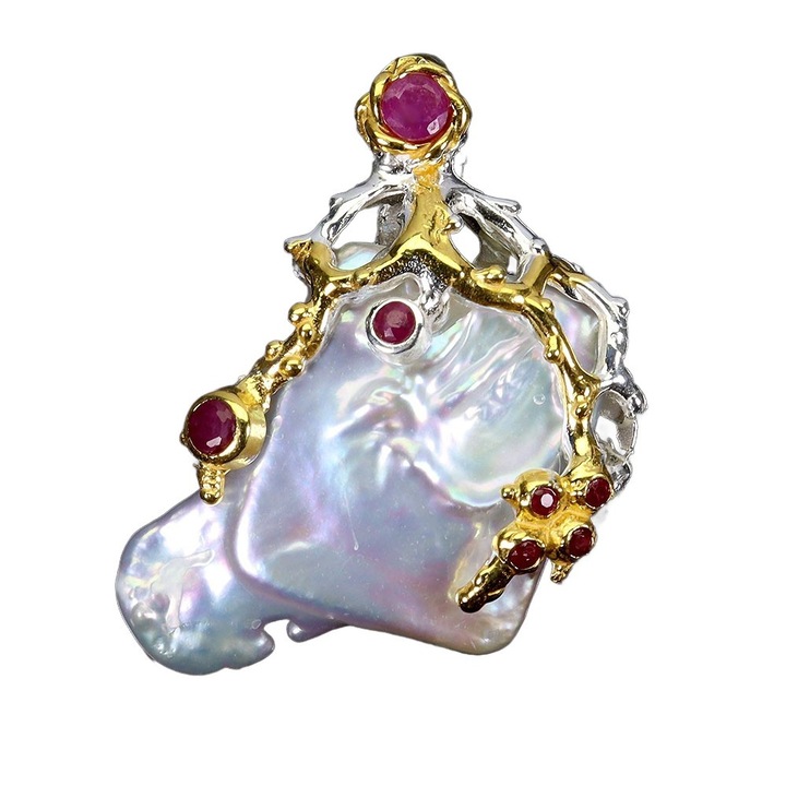 Pandantiv dama, Songea, argint, cu rubine naturale si perla, 29x21mm