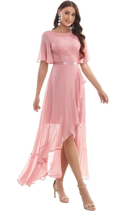 Rochie maxi Gardenwed, cu volane, roz, sifon, 2XL INTL