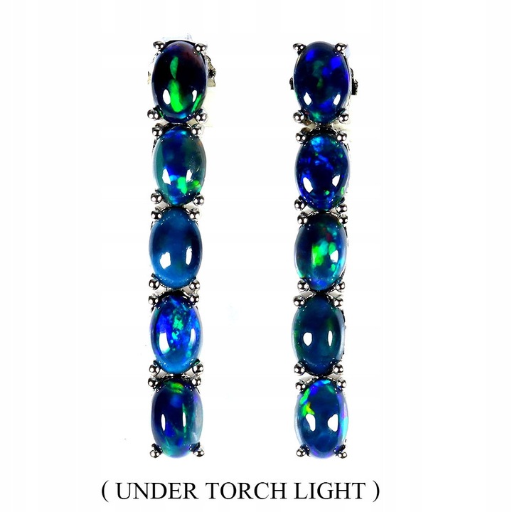 Cercei dama, Songea, argint, cu opale negre naturale, 31x4mm, placat cu aur alb 14K