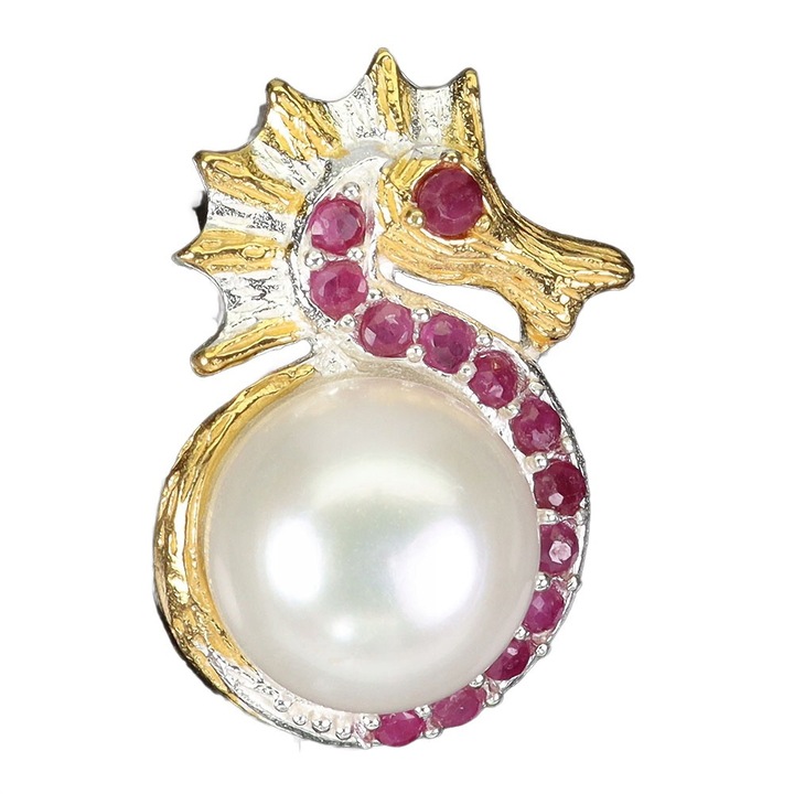 Pandantiv dama, Songea, argint, cu rubine naturale Myanmar si perla, 23x17mm