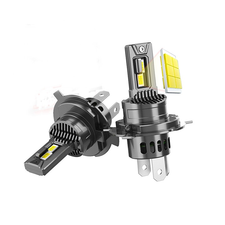 Set 2 Becuri LED H4 Auto, DAIXSTORE® Premium Vision Pro, Bec H4 LED 150W 30000LM, Lumina Alba Rece 6500K Puternica, Ventilator Racire, Instalare Rapida, Design Compact Modern