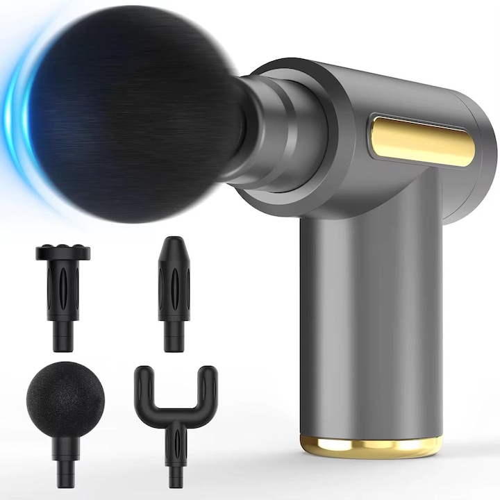 Mini Aparat de masaj, Set 4 Capete, 6 Niveluri Intensitate, Gri