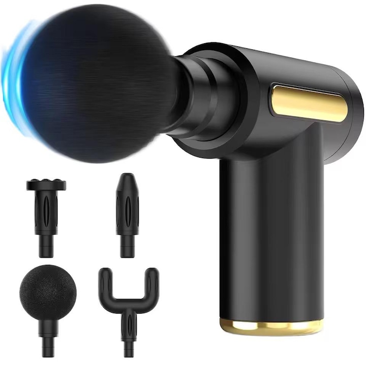 Mini Aparat de masaj, 4 Capete, 6 Niveluri Intensitate, Negru