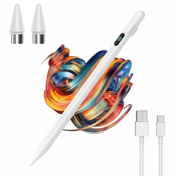 Stylus Pen, OEM, stylus universal, compatibil pe scara larga cu tableta de telefon mobil, port de incarcare Type-C, anti-intarziere, interferenta anti-palma, afisaj de baterie, alb
