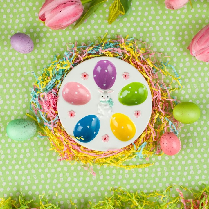 Suport Ceramic Colorat Iepuras pentru 5 Oua de Paste Ø18x2cm