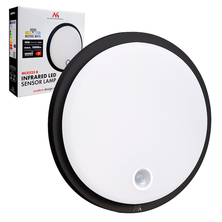 Lampa LED Maclean cu senzor de miscare, senzor PIR, negru, 10 W, IP65, 1000 lm, culoare neutra, MCE525 B