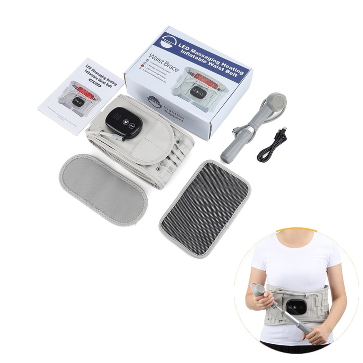 Corset portabil, banda inflabila, incalzire LED, masaj cu vibratii, gri