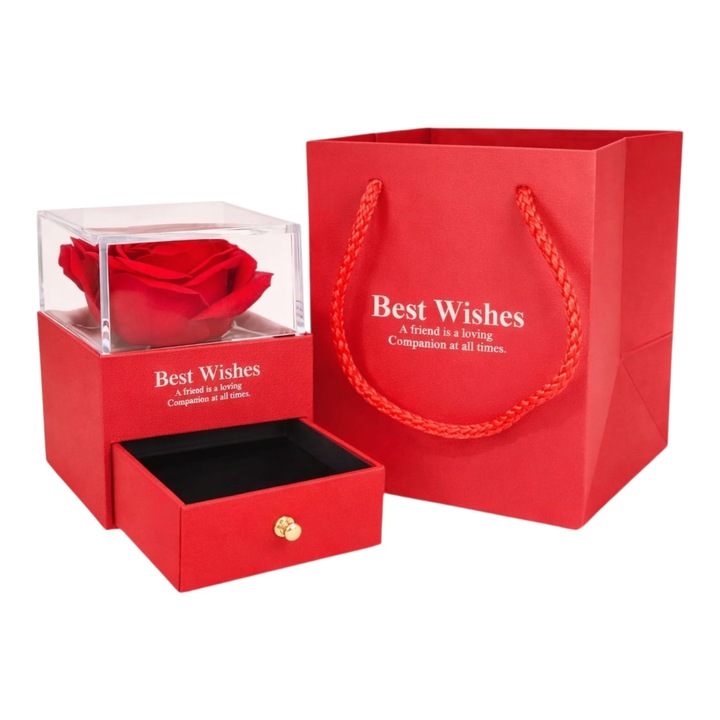 Cutie bijuterii, roșu, 11x9cm, cu trandafir artificial, punga cadou, set