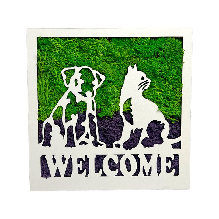 Tablou decorativ Welcome cu licheni stabilizati si siluete de animale, 20x20 cm, Verde, Velve