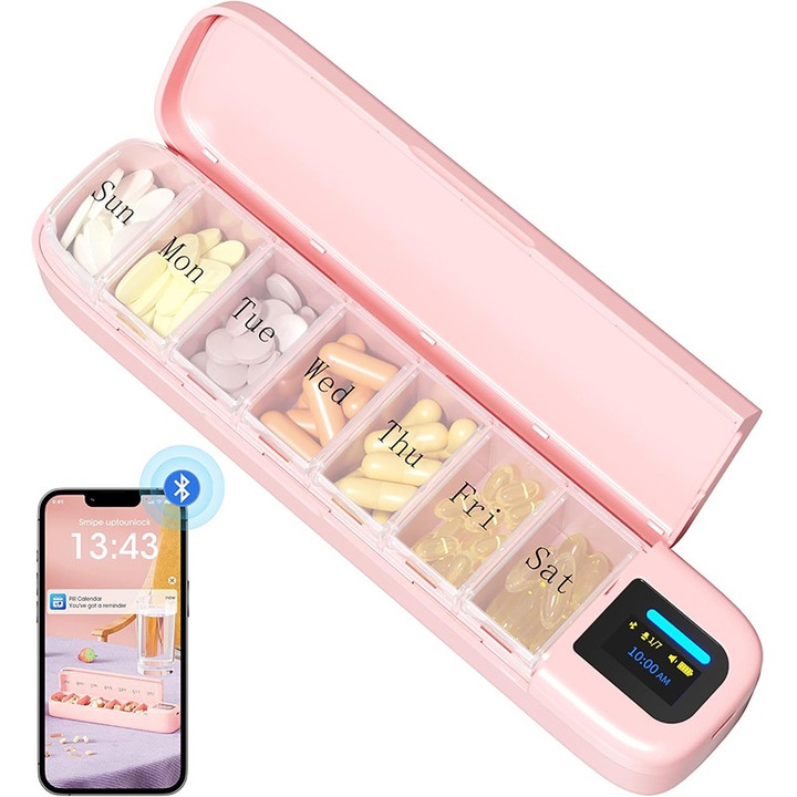 Cutie de pastile pentru 7 zile, inteligenta, ZYNORO®, Moduri multiple de memento, 300mAh, USB, ABS, roz
