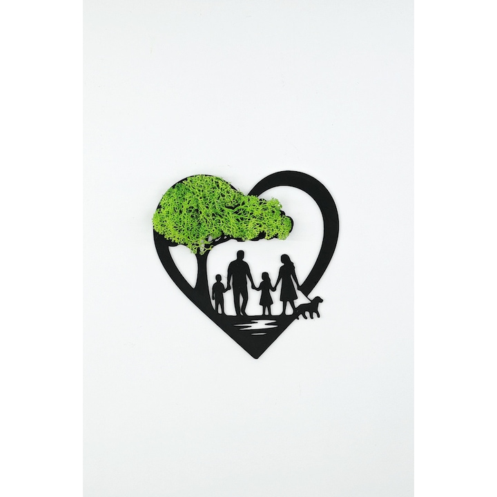 Tablou decorativ din PLA cu licheni naturali Family Time, Negru/Verde, Fetisshop, Dimensiune 15x15 cm