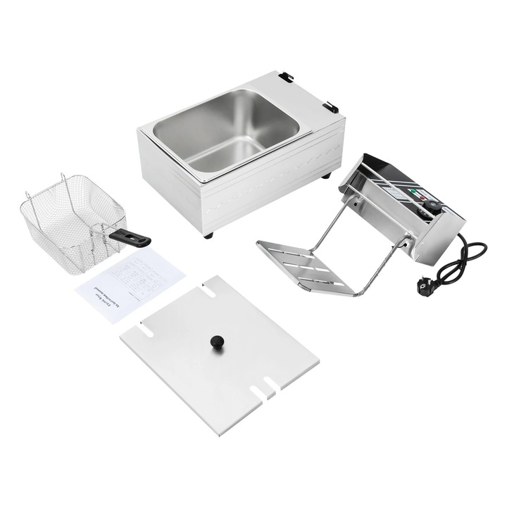 Friteuza electrica, 2500W, inox, dimensiune cos mic, utilizare pe blat, capac inclus