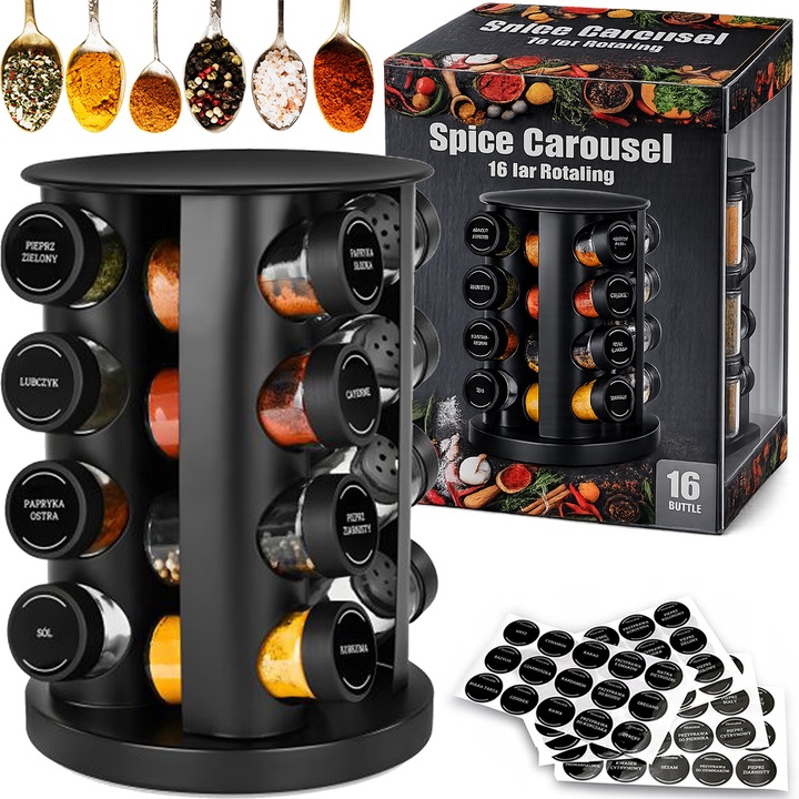 Suport rotativ condimente, HARD-ER IS BETTER, 16 recipiente, 96 etichete, sticla, compact