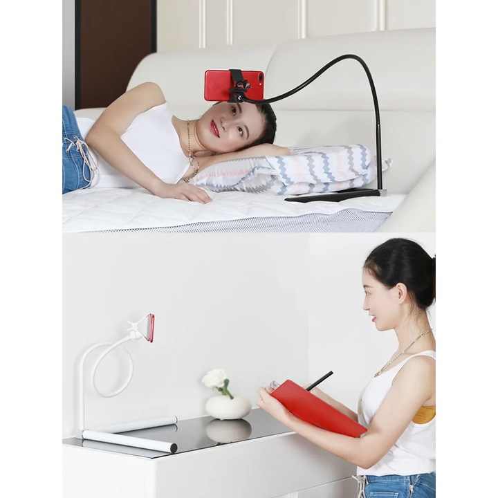 Suport de Podea pentru Telefon și Tabletă, Braț Flexibil 360, Alb