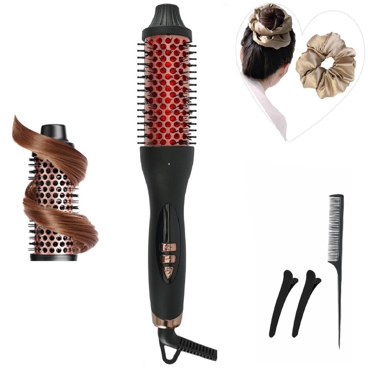 Perie rotativa termica ionica 3.8 cm, 5 niveluri temperatura, duala tensiune, cadou elastice de par pentru dormit