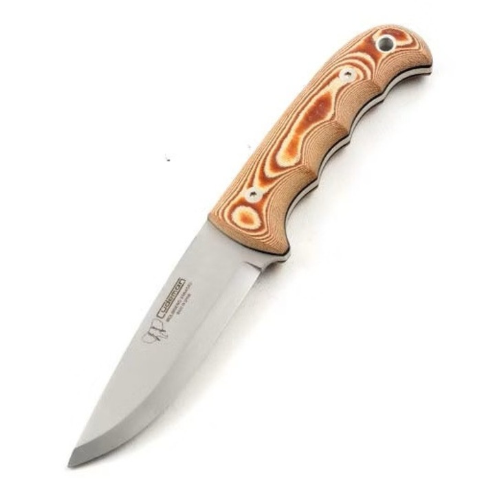 Cutit Cudeman Bushcraft, maner micarta maro, lama otel Bohler N695, teaca piele