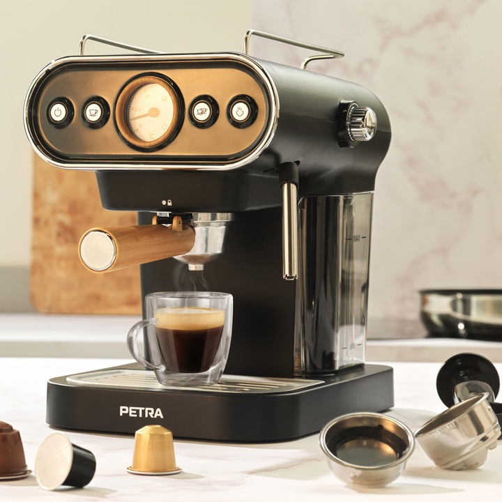 Espressor 3-in-1 Petra PT5108VDEEU7, 1050W, pompa 19 bar, rezervor 1.2l, negru